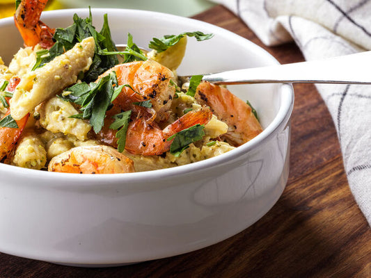 Pasta dish with broccoli rice and scampi