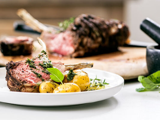 Rack of Lamb with Roasted Potatoes and Mint Sauce