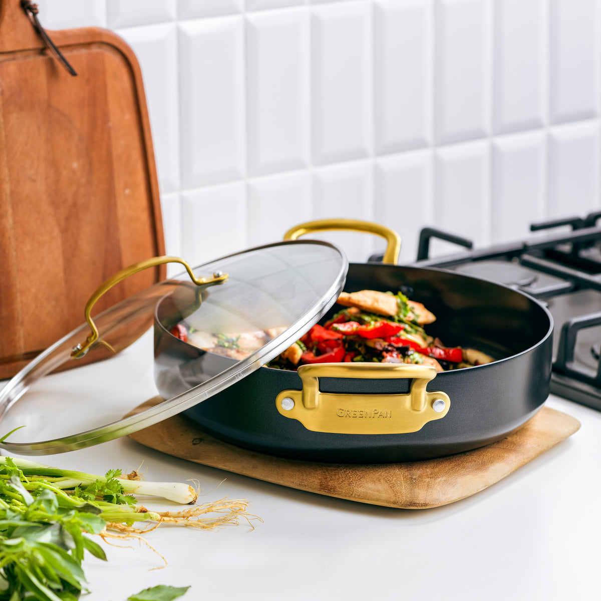 Barcelona Ceramic Non-Stick 30cm Everyday Pan with Lid | Black with Gold-Tone Handles