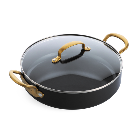 Barcelona Ceramic Non-Stick 30cm Everyday Pan with Lid | Black with Gold-Tone Handles