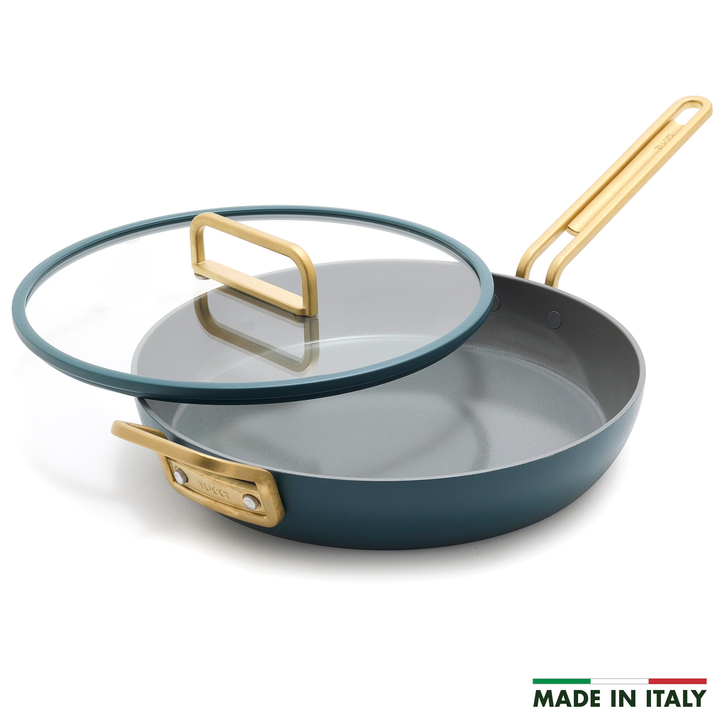Venetian teal ceramic 12-inch frypan with gold handle and matching glass lid.