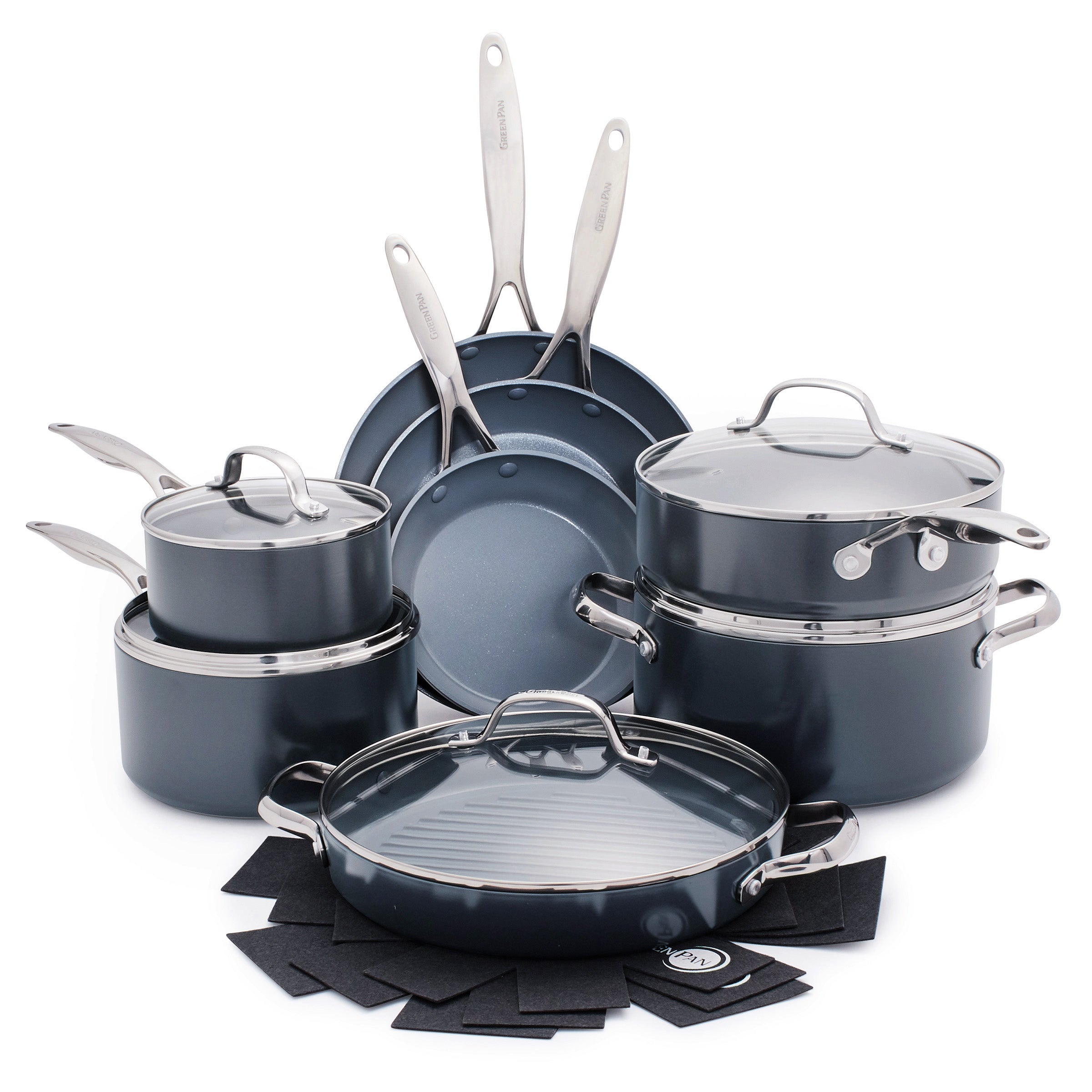 13-piece ceramic cookware set with assorted pots, pans, lids, and black felt pan protectors.