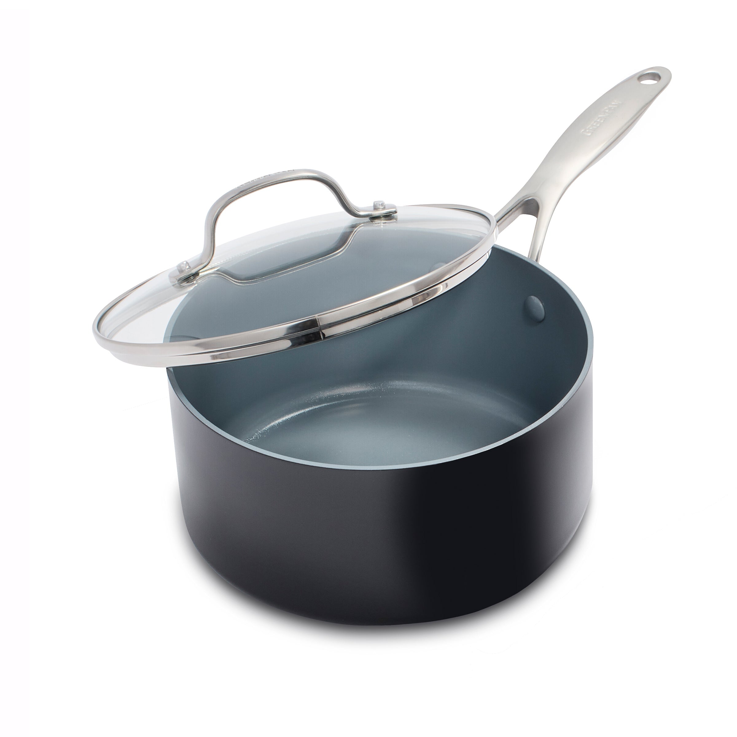 Gray ceramic saucepan with metal handle and glass lid, set on a white background.