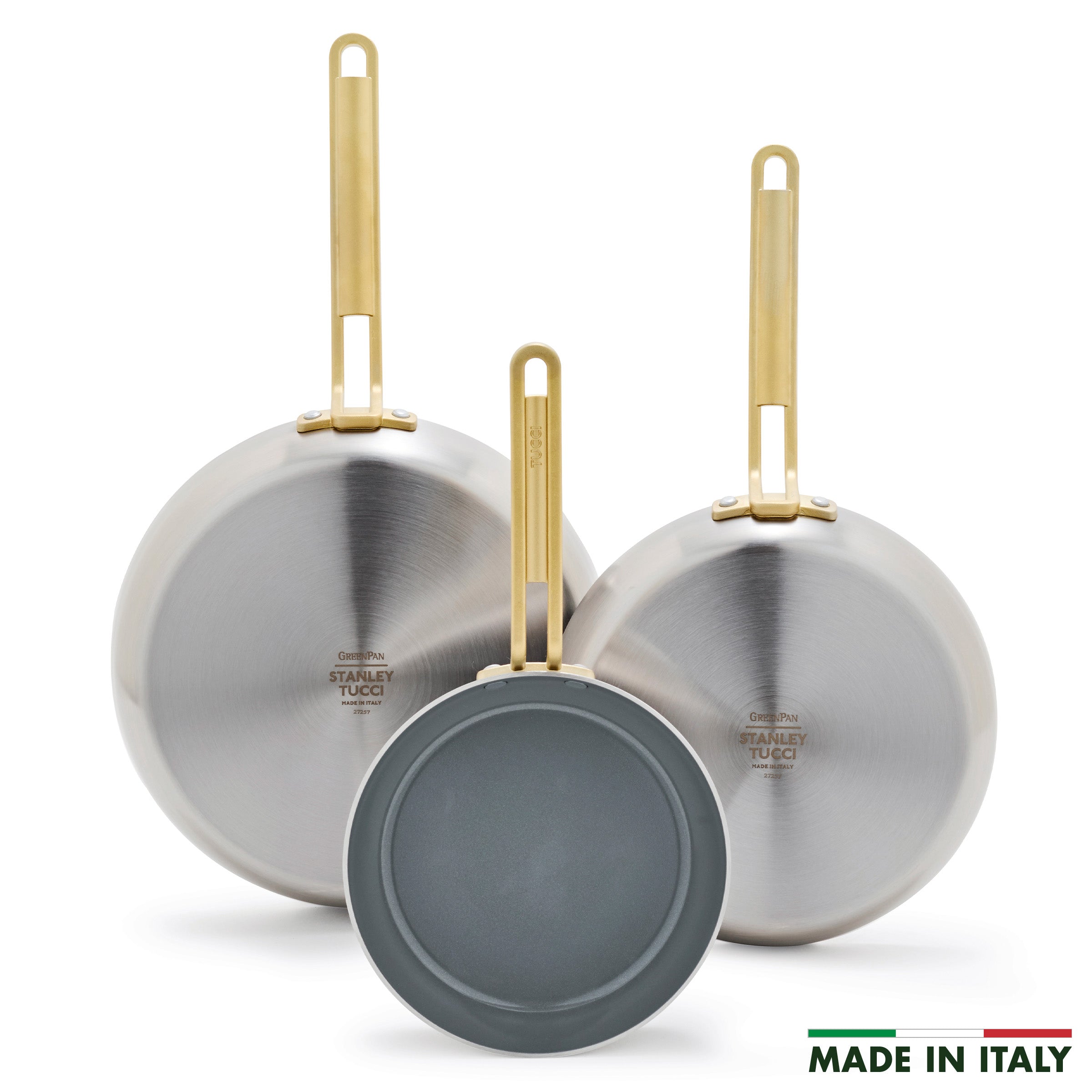 Set of three stainless steel ceramic frypans in 8, 10, and 12 sizes, upright, made in Italy.