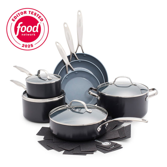 Gray ceramic 11-piece cookware set with various pots, pans, and lids arranged on a white background.
