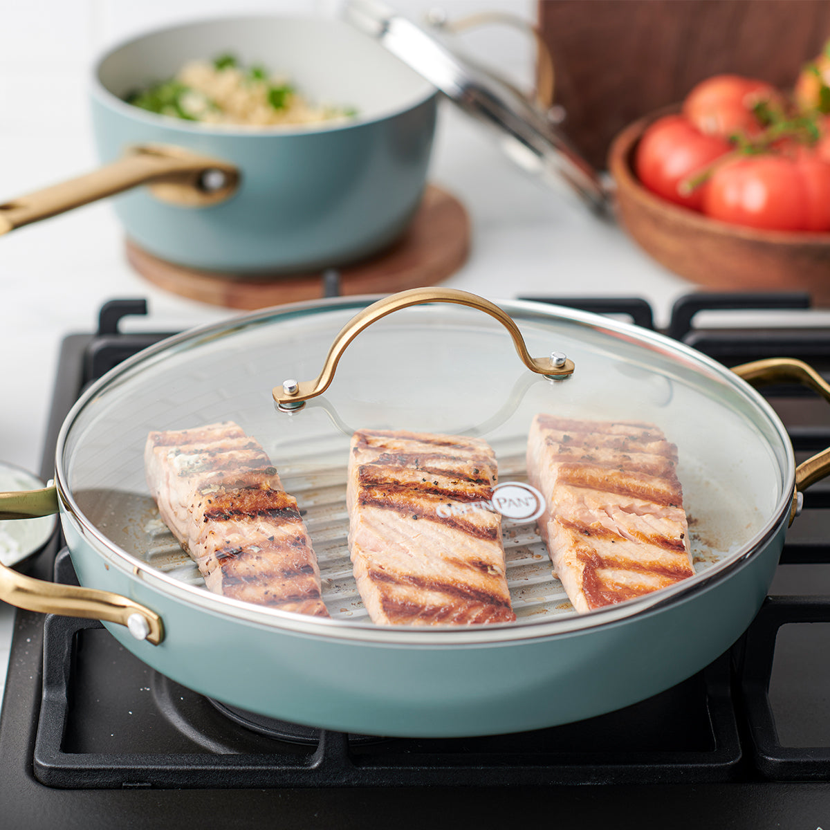 Reserve Ceramic Non-Stick 28cm Grill Pan | Smoky Blue with Gold-Tone Handles