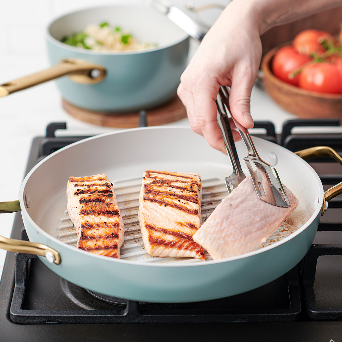 Reserve Ceramic Non-Stick 28cm Grill Pan | Smoky Blue with Gold-Tone Handles