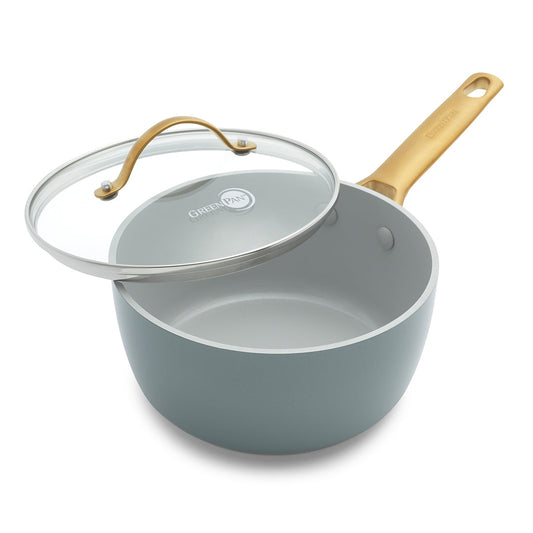Reserve Ceramic Non-Stick 1.9-Litre Saucepan with Lid | Smoky Blue with Gold-Tone Handles