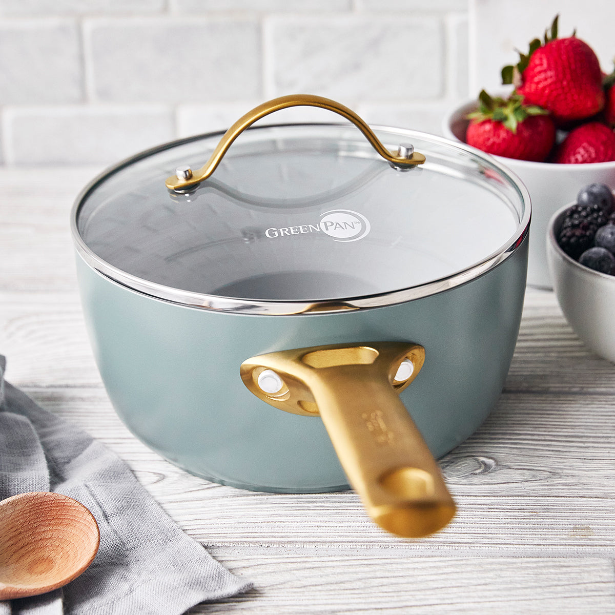 Reserve Ceramic Non-Stick 1.9-Litre Saucepan with Lid | Smoky Blue with Gold-Tone Handles