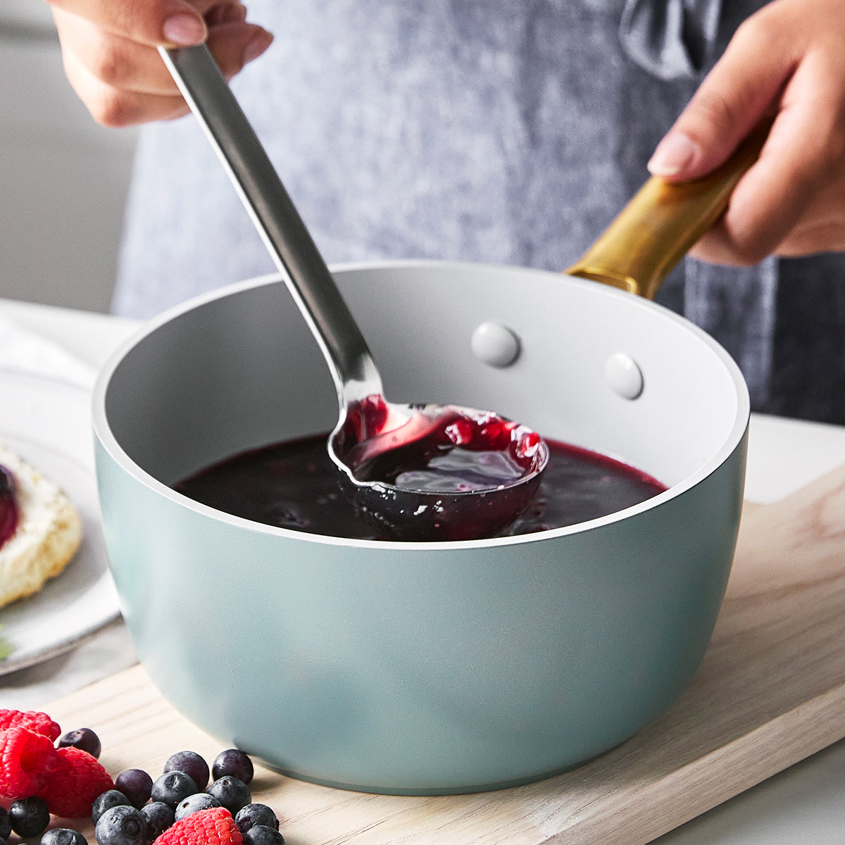 Reserve Ceramic Non-Stick 1.9-Litre Saucepan with Lid | Smoky Blue with Gold-Tone Handles