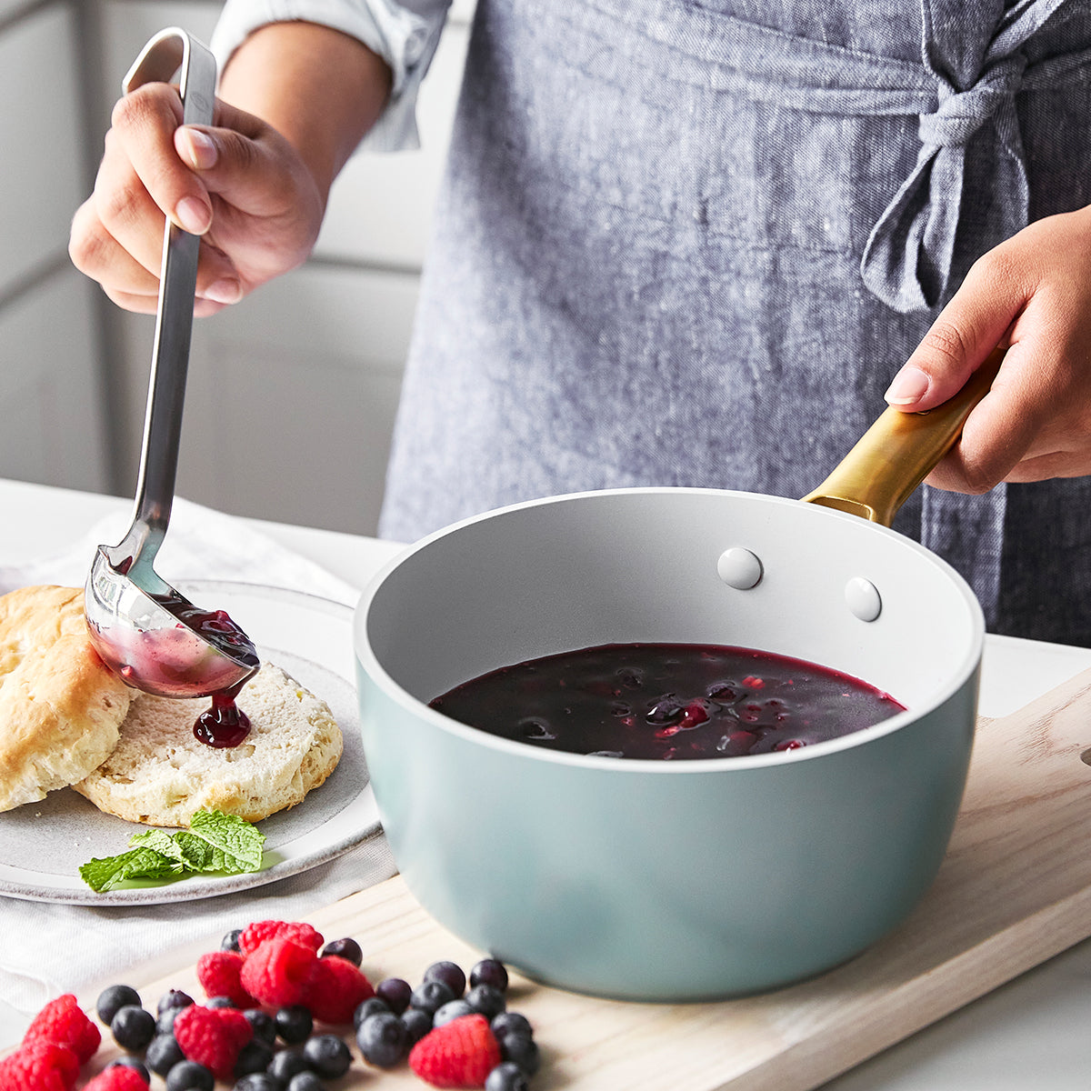Reserve Ceramic Non-Stick 1.9-Litre Saucepan with Lid | Smoky Blue with Gold-Tone Handles